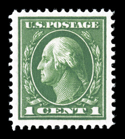 405, 1c Green, outstanding centering amid extravagantly large margins, gorgeous rich color and a deeply etched impression on pristine white paper, unblemished o.g., never
hinged, an extremely fine gem 2007 PSE certificate (XF-Superb 95 Jumbo S