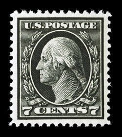 407, 7c Black, select post office fresh mint single, deep intense color and a razor-sharp impression on the white paper imaginable, in addition it is extraordinarily well
centered and margined, o.g., never hinged, extremely fine actually a ve