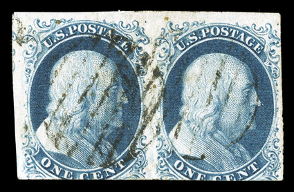 7 var., 1c Blue, Ty. II, Plate 4, horizontal pair, positions 3-4L4, three large margins, in at bottom, strong Plate 4 color, light grid cancels, left stamp with tiny thin speck,
right stamp with small scissor cut at bottom left, fine appearance
