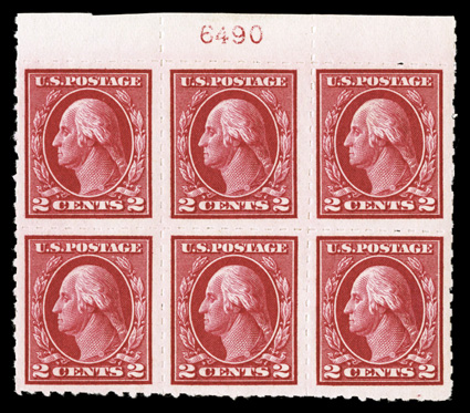 408-09 vars., 1c Green and 2c Carmine, with Kansas City roulettes, plate number blocks of six, the 1c being a bottom plate no. 6018, the 2c a top plate no. 6490, brilliantly
fresh, o.g., h.r.s, very fine plate blocks of these unusual roulett