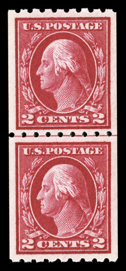 411, 2c Carmine coil, Ty. I, perf. 8½ horiz., gem guide line pair, exceedingly well centered and margined, radiant color, o.g., never hinged, extremely fine 1997 PF
certificate.