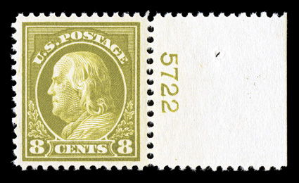414, 8c Pale olive green, right margin plate no. 5722 single, very well centered within large margins, strong rich color, o.g., never hinged, extremely fine photocopy of a 2006
PF certificate for the plate block from which this came, and a 2007