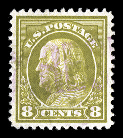 414, 8c Pale olive green, a beautiful used example, possessing extraordinary centering within large perfectly balanced margins, bright rich color, violet straight line registry
cancel, an extremely fine gem 2008 PSE certificate (Superb 98