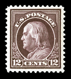 417, 12c Claret brown, exceedingly well centered within uncommonly wide margins, strong color and impression, o.g., never hinged, extremely fine 2004 PF
certificate.