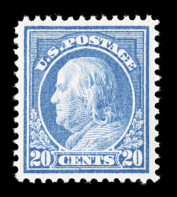 419, 20c Ultramarine, a lovely mint single that is the epitome of a post office fresh gem, featuring gorgeous rich color and a highly detailed impression on brilliantly white
paper, extraordinarily well centered as well, with large balanced ma