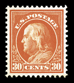 420, 30c Orange red, flawlessly centered, vivid color and an intense impression, o.g., lightly hinged, extremely fine 2009 PSE certificate (Superb 98 OGph SMQ
$700.00).
