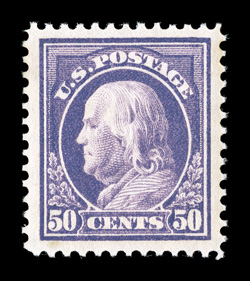 421, 50c Violet, single line watermark, pristine post office fresh mint example, featuring an incredible overall mint bloom, sumptuously rich color and a well incised
impression on bright crisp paper, outstanding centering amid huge margins