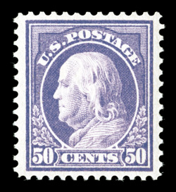 421, 50c Violet, single line watermark, handsome mint example, marvelously well centered within especially wide margins, rich bright color, o.g., never hinged, extremely fine a
very scarce stamp in this premium never hinged condition 1998 PF c