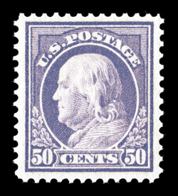 422, 50c Violet, double line watermark, a highly select mint single, excellent centering within uncharacteristically large margins, sumptuously rich color and an excellent
clarity of impression on bright white paper, fresh clean o.g., n.h., extr