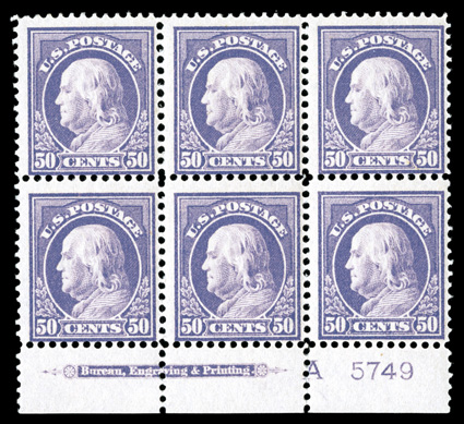 422, 50c Violet, double line watermark, bottom margin imprint, letter A and plate no. 5749 block of six, bright and fresh, o.g., lightly hinged, fine.