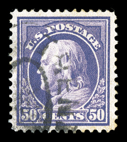 422, 50c Violet, double line watermark, excellent centering within large margins, deep color, light double oval cancel, extremely fine and quite choice 2008 PSE certificate
(XF-Superb 95 SMQ $275.00) this is the highest grade in the PSE pop