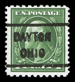 423D, 1c Green, perf. 10x12, much better centering than the majority of this stamp, stunning prooflike color and impression on fresh white paper, neat Dayton, Ohio pre-cancel,
very fine.This recently discovered stamp becomes the 41st recorded