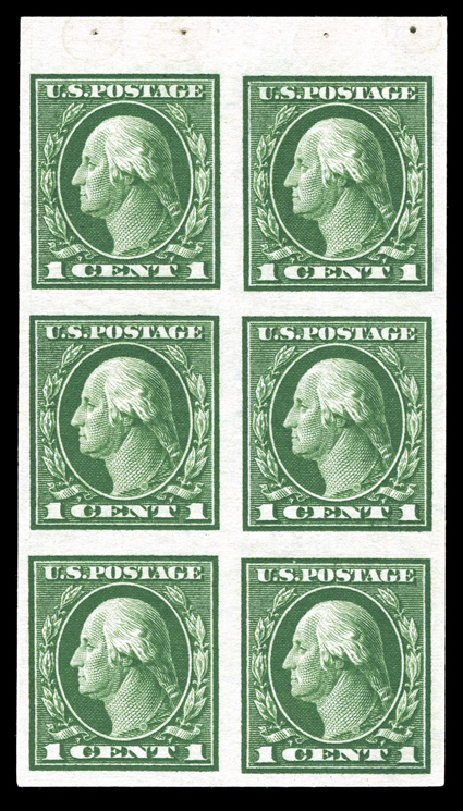 424e, 1c Green, booklet pane of six, imperforate, without gum as are all known examples of this rare booklet pane error, large balanced margins, strong color, faint thin spot
(probably natural and not called on the certificate) in the top margin