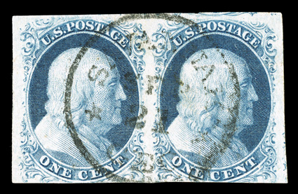 7-8A, 1c Blue, combination Ty. II-IIIa, horizontal pair, positions 71-72L1E, the left stamp Type II (double transfer, one inverted variety) and the right stamp Type IIIa, just
slightly in at bottom, otherwise very large margins, bright and fresh