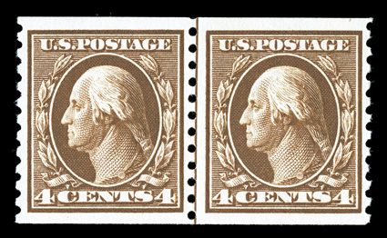 446, 4c Brown flat plate coil, perf. 10 vert., guide line pair, well centered and margined, strong rich color and impression, pristine o.g., n.h., very fine and choice a scarce
line pair, especially never hinged ex-Frohnen 1981, 1995 PF c
