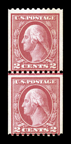 449, 2c Red rotary coil, Ty. I, perf. 10 horiz., joint line pair, brilliantly fresh, o.g., never hinged, light pencil note on bottom stamp, fine only a tiny number of certified
never hinged line pairs of 449 exist 1963 and 2005 PF certificate