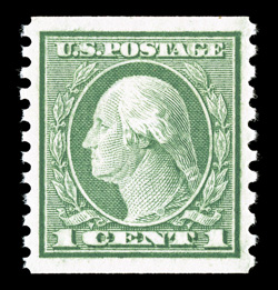 452, 1c Green rotary coil, perf. 10 vert., a superlative mint single, possessing absolutely perfect centering within exceptionally large margins for a coil, brilliantly rich
color on fresh paper, pristine o.g., never hinged, superb in all respec