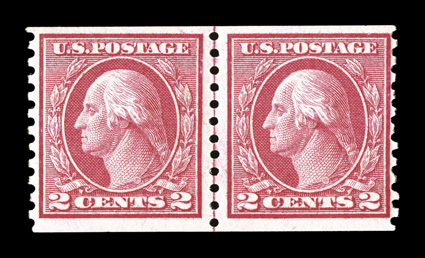 453, 2c Carmine rose rotary coil, Ty. I, perf. 10 vert., joint line pair, brilliantly fresh, rather well centered, immaculate o.g., n.h., nearly very fine for this scarce line
pair 2001 PF certificate.