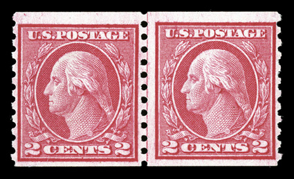 453, 2c Carmine rose rotary coil, Ty. I, perf. 10 vert., joint line pair, wonderfully bright color, o.g., lightly hinged, very fine 2006 PSE certificate.