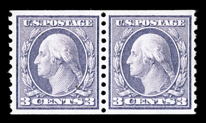 456, 3c Violet rotary coil, Ty. I, perf. 10 vert., mint pair, very well centered and margined, exceedingly bright and fresh, o.g., faintly hinged, left stamp with small natural
inclusion, extremely fine 1978 PF certificate and a 2008 PSE certif