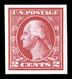 459, 2c Carmine imperforate coil, large balanced margins all around, strong vibrant color, pristine o.g., n.h., an extremely fine ex-Frohnen 2003 PSE certificate (XF-Superb 95
SMQ $285.00).