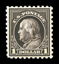 460, $1.00 Violet black, uncharacteristically well centered amid wide margins, deep rich color and a crisp detailed impression, o.g., never hinged (quite scarce thus), choice
very fine 1995 PSE certificate.