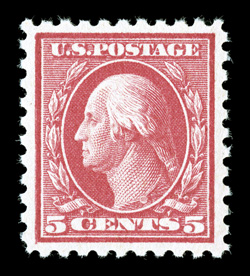 467, 5c Carmine error, an outstanding mint example of this popular error, featuring impeccable centering amid large balanced margins, radiant color and an excellent clarity of
impression on pristine white paper, o.g., never hinged, an extremely