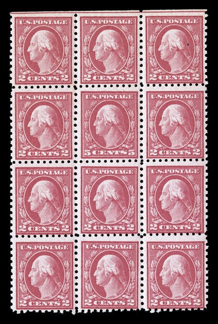 467, 5c Carmine error, single error in a block of twelve, brilliant color, o.g., never hinged, bottom right corner with trivial natural gum bend, fine.