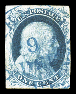 8, 1c Blue, Ty. III, with large clear breaks showing at top and bottom, full to large margins all around, deep rich color and a crisp detailed impression, neat blue c.d.s. town
cancel, small corner crease at bottom right, otherwise very fine