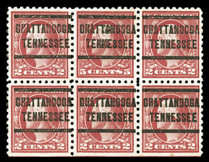 467, 5c Carmine error, used single error in a block of six, with Chattanooga pre-cancels, the error stamp is particularly well centered and margined, bright color on fresh
paper, the top right (2c) stamp with faint bend and light spot on reverse