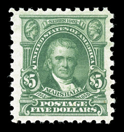 480, $5.00 Light green, well centered within wide margins, lovely rich color, o.g., never hinged, choice very fine 2003 PF certificate.