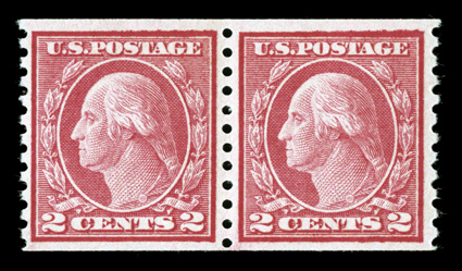491, 2c Carmine coil, Ty. II, perf. 10 vert., another rare mint pair, well centered (especially the right stamp), brilliantly rich color, o.g., lightly hinged, very fine 1964
PF certificate.