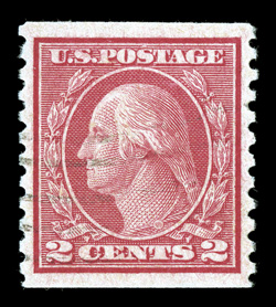 491, 2c Carmine coil, Ty. II, perf. 10 vert., a fabulous quality used single, being the finest we have offered in our auctions, as it features flawless centering within
exceptionally large margins, brilliant color, unusually light machine ca