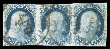 8 var., 1c Blue, Ty. III, position 99R2, the center stamp in a horizontal combination strip of three, with Ty. II stamps on each end, positions 98-100R2, ample margins to just
slightly in at points, deep rich color, two strikes of bold town