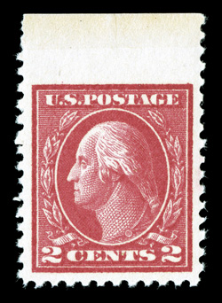 500 var., 2c Deep rose, imperforate at top, unusually well centered for this scarce variety, deep vibrant color, o.g., never hinged, a couple minor gum skips, extremely
fine.
