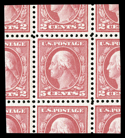 505, 5c Rose error, a striking mint example, being beautifully framed with large equal portions of the eight adjoining stamps, exceedingly well centered and margined, strong
bright color, o.g., never hinged, extremely fine 2005 PSE certificat