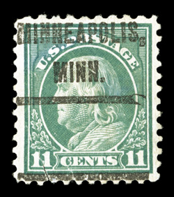 511a, 11c Light green, perforated 10 at top variety, well centered, rich color, Minneapolis pre-cancel, crease at bottom left ending in a tear, very fine appearance a rare
perforation variety clear 1961 PF certificate.