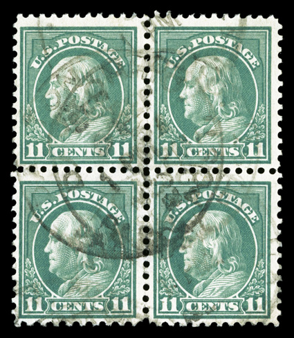 511a, 11c Light green, perforated 10 at top variety, an incredibly rare block of four, with the two bottom stamps being the perforation error, this is actually a transitional
error, the left stamp being completely perf. 10 at bottom, while t