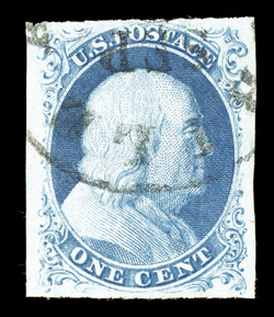 8A, 1c Blue, Ty. IIIa, position 51R4, the used example offered here is one of the most appealing singles of this scarce stamp we have offered, as it features four
extraordinarily large and marvelously balanced margins, plus its color is a wonder