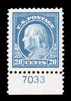 515, 20c Light ultramarine, an incomparable bottom sheet-margin plate no. 7033 single in the most amazing condition, boasting absolutely gigantic margins and being perfectly
centered within this vast expanse, rich luxuriant color and a deeply et