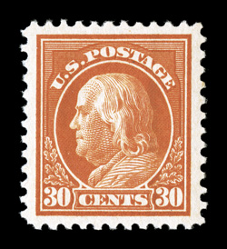 516, 30c Orange red, an essentially perfect mint single, possessing mathematically precise centering amid lavishly large margins, gorgeous intense and vibrant color, plus its
impression would rival any proof on pristine paper, unblemished o.g.