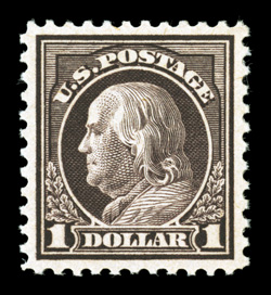 518, $1.00 Violet brown, lovely mint single, wonderfully fresh with especially rich color, crisp prooflike impression, beautifully centered within large balanced margins,
immaculate o.g., never hinged., extremely fine gem 1997 PF certificate an