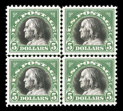 524, $5.00 Deep green and black, center line block of four, well centered, bright colors, o.g., top stamps lightly hinged, bottom stamps never hinged, bottom left stamp with
small spot on gum, very fine.