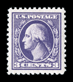 530, 3c Purple offset, Ty. IV, a superlative mint example, featuring impeccable centering within exceedingly large and wonderfully well balanced margins, beautiful rich color
and a sharp impression on pristine white paper, unblemished o.g., n.h.