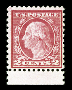 539, 2c Carmine rose coil waste, Ty. II, perf. 11x10, bottom sheet-margin single, intense radiant color, o.g., never hinged (for the sake of accuracy we note a light
fingerprint, tiny inclusion and faint pencil note on gum), fine never hinged e