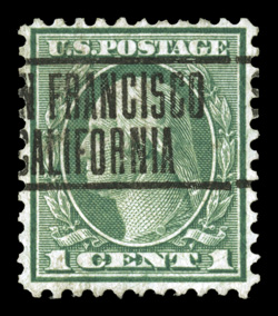 544, 1c Green coil waste, perf. 11, used, bright color, better centering than usually found, San Francisco pre-cancel, a fresh and fine example of this coil waste rarity 1990
and 2005 PF certificates.