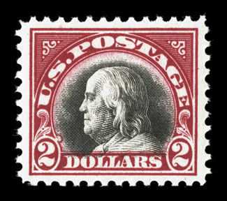 547, $2.00 Carmine and black, premium mint single, particularly well centered and margined, deep luxuriant colors and sharp detailed impressions, o.g., never hinged, extremely
fine 2004 PF certificate and a 2005 PSE certificate (XF-Superb 95 S