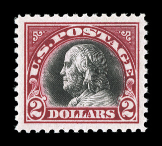 547, $2.00 Carmine and black, outstanding centering within lavishly large margins, deep intense color and impression, o.g., never hinged, current certificate notes guide line
at left has been filed down (and consequently lowered the grade signif