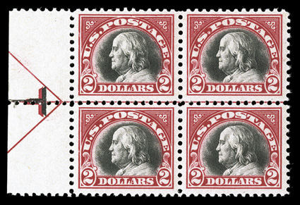 547, $2.00 Carmine and black, left margin arrow block of four, bright colors, nicely centered, o.g., top stamps lightly hinged, bottom stamps never hinged, very fine 2004 PSE
certificate cataloged as four singles.