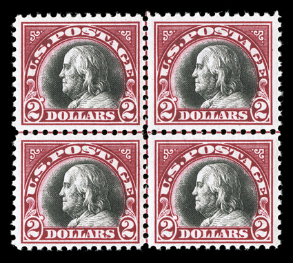 547, $2.00 Carmine and black, center line block of four, deep vibrant colors, well centered, o.g., never hinged, small gum wrinkle affects the bottom stamps, top right stamp
with tiny perf. disc indentation, very fine.